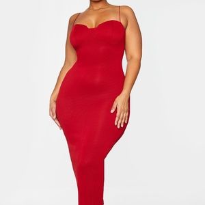 PrettyLittleThing Red Ribbed Midi Dress